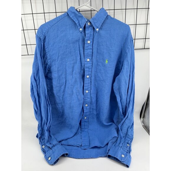 Ralph Lauren Mens Classic Fit Blue Linen Button-Down Shirt With Green Logo Embro - Picture 1 of 6